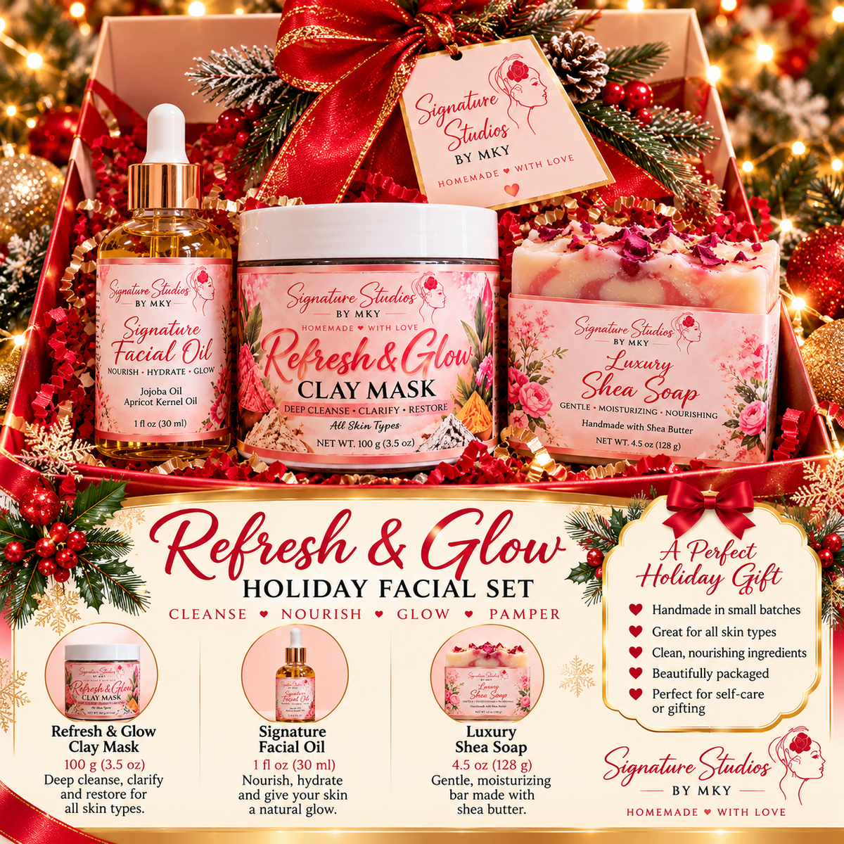 Refresh and Glow Holiday Facial Set with clay mask, facial oil, and shea soap by Signature Studios by MKY